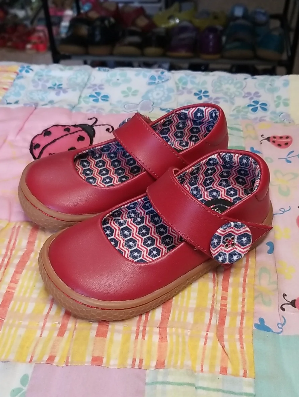 Livie & Luca Red Mary Jane Shoes with Patterned Lining & Buttons Size 5